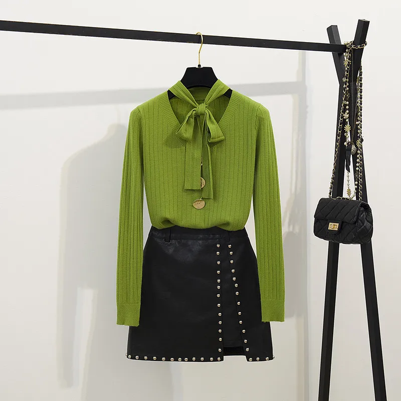 

2019 Autumn New Style Graceful Fashionable Set Two-Piece Set Long Sleeve Knit Joint PU Leather Dress Women's