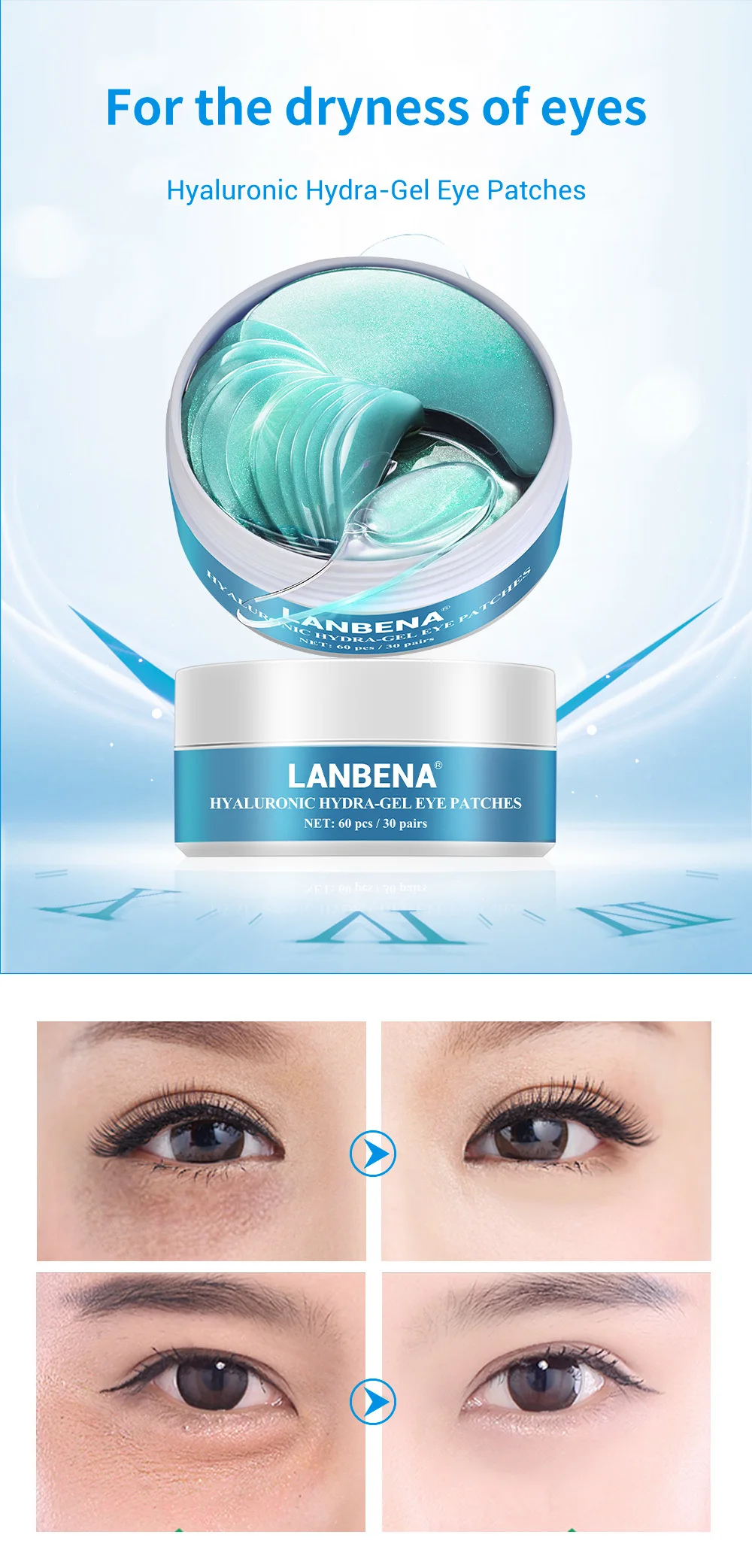 LANBENA, маска для глаз с гиалуроновой кислотой, коллагеновый гель, повязка для глаз, для лица, для пухленьких глаз, увлажняющая, против морщин, для ухода за кожей глаз