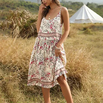 

Spring Summer Women Floral Print Dress Ladies Off Shoulder Spaghetti Strap Dress Women Sexy Boho Dress Casual Beach Dress #g3