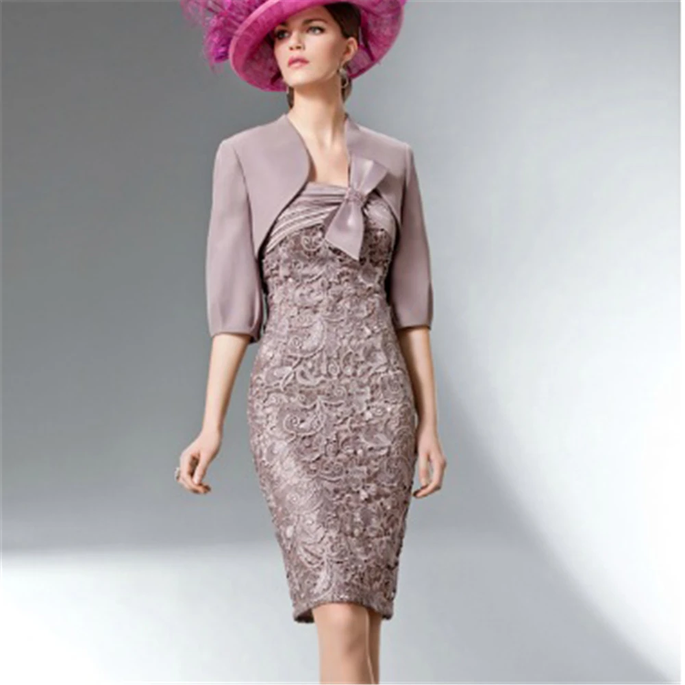 Lace Mother Of The Bride Dresses With Jacket Knee Length Applique Dusty Mother Gown Long Sleeve 2 Piece Wedding Guest Dress
