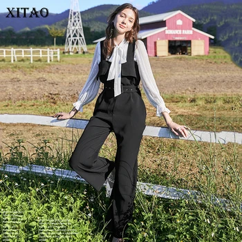 

XITAO Chiffon Two Piece Set Full Sleeve White Pleated Ruffle Top Spring Strapless Pleated Bandage Full Length Pants DMY3712