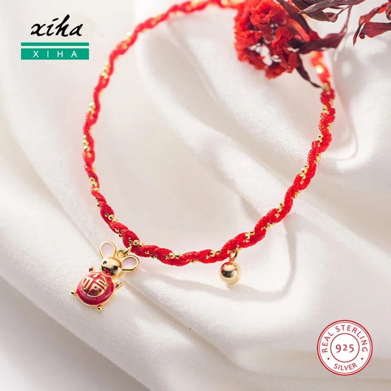 Chinese Zodiac Animal Rat Mouse Red Bracelet for Lucky Women Girl 925 Sterling Silver String Bracelets with Beads and Charms | Украшения и