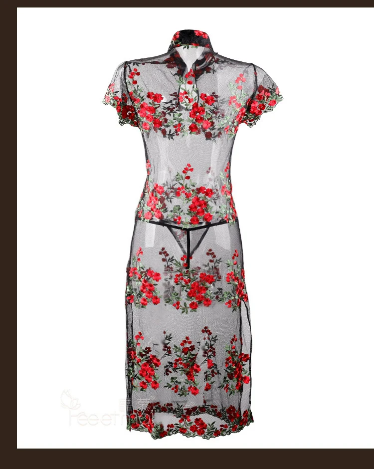 Мини китайское платье с разрезом Cheongsam Qi Pao нижнее белье женское вышитое платье-чанпао прозрачная сетчатая комбинация сексуальные горячие эротические вечерние платья