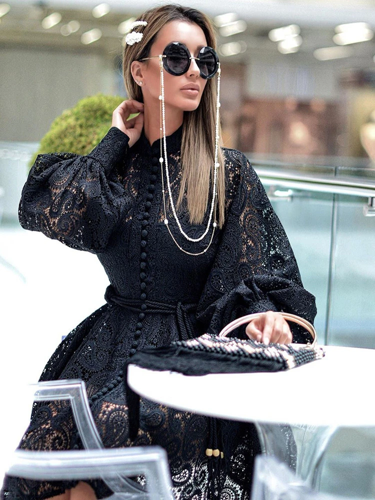 

MEIYANGYOUNG Hollow Out Long Sleeve Dresses Women Embroidery With Belt Casual Office Midi Dress Female 2020 Black Dress Vestido