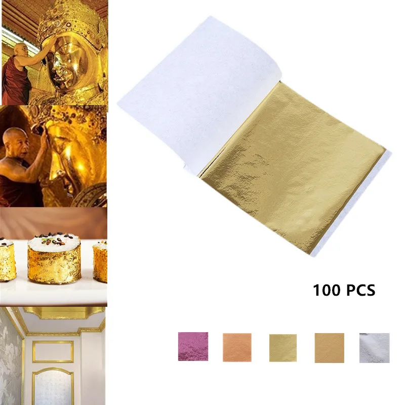 Hojas de papel de aluminio comestible para decoración de tartas, papel para manualidades faciales, doradas, 24K, 100 Uds.
