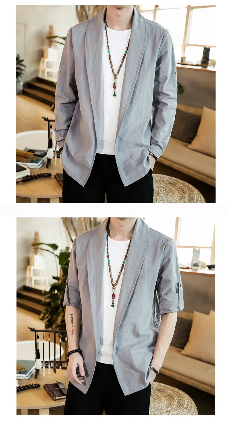 chaquetas de lino con Kimono abierto para hombre,abrigos sólidos de exterior finos,abrigos holgados informales de manga larga para hombre,abrigos holgados Retro JE140 #Men Black chaquetas de lino con Kimono abierto para hombre,abrigos sólidos de exterior finos,abrigos holgados informales de manga larga para hombre,abrigos holgados Retro JE140 #Men Black