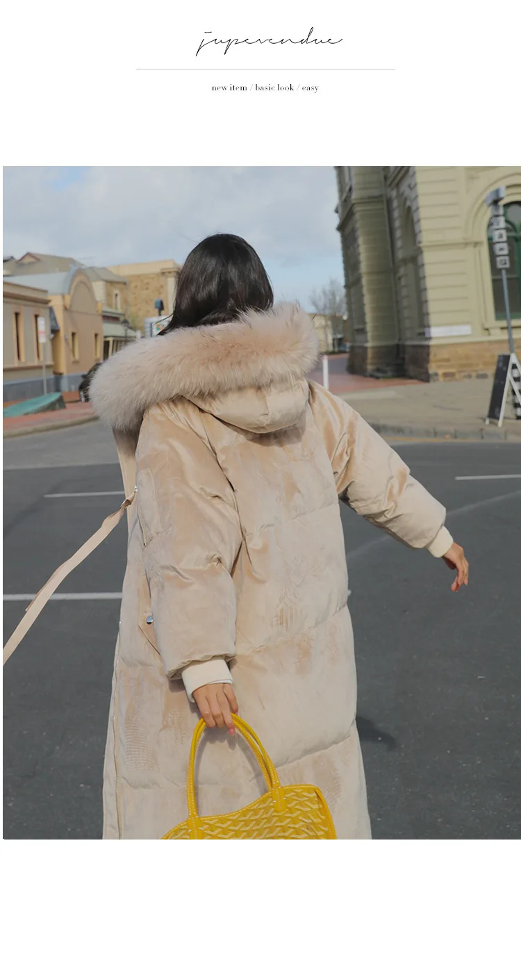 2019chic2018, корейский стиль, Зеленое Длинное пуховое пальто выше колена с лентами, с капюшоном, большой меховой воротник, бархатная хлопковая стеганая одежда для женщин