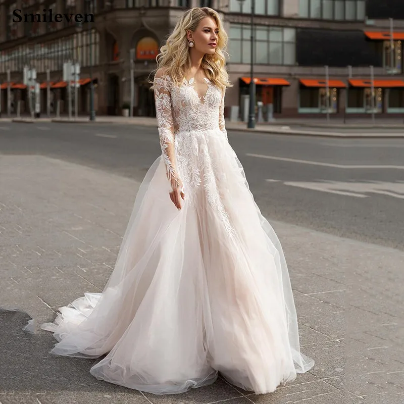 Smileven Vintage Lace Wedding Dresses Long Sleeve Country Bride Dress Robe De Mariee Open Back Princess Wedding Gowns Special Offer A1ee Cicig