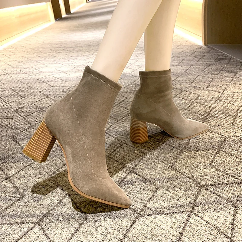 

Block Heel Short Martin Boots Versatile Pointed-Toe Suede Foot Covering WOMEN'S Boots 2019 Autumn And Winter New Style High-Heel