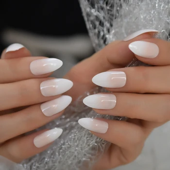 

French Ombre Press On Nail Set White Beige Gradient False Nails Almond Shape Manicure Tips
