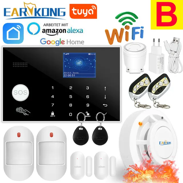 Wifi GSM Alarm System 433MHz Home Burglar Security Alarm Wireless Wired Detector RFID Touch Keyboard Temperature Humidity Alexa B