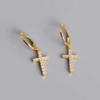 

Women Men Gold Plated Dangle Drop Earrings Punk Style Zircon Hanging Iced Cross Huggie Drop Earrings Hip Hop Jewelry