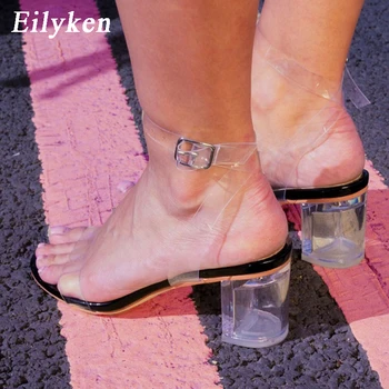 

Eilyken Sexy PVC Transparent Jelly Sandals Fashion Square Toe Low Heels Summer Woman Ankle T-Strap Party Ladies Shoes Size 35-40