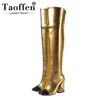 

Taoffen Fashion Women Over The Knee Boots Genuine Leather Long Boots Square Toe High Heels Winter Women Footwear Size 33-43