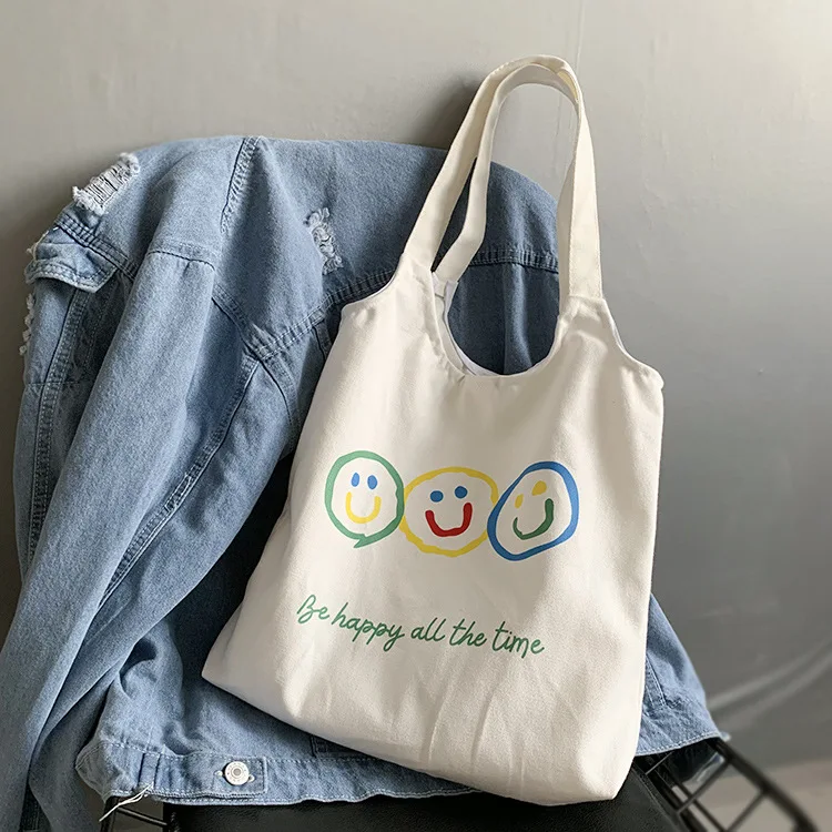 

Simple Women Smiley Canvas Shoulder Bag Girls Student Foldable Daily Use Cloth Vest Bag Large Capacity Ladies Shopping Handbags