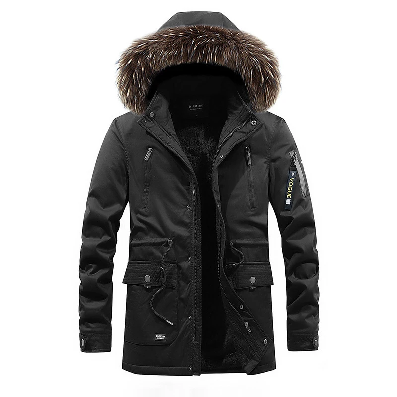 Men Winter Long Casual Fur Collar Hooded Jacket Parkas Brand Male New Outdoor Fashion Warm Fleece Thick Cotton Coat Parka