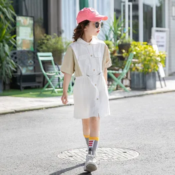 

Children Summer Clothes for Girls Fashion Teen Girls Patchwork Dress Kids Cotton Casual Girls Dresses Turn Down Collar, #0109