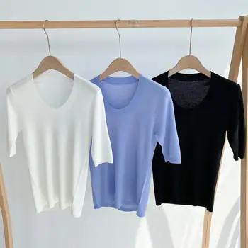 

Three Color Womens Knitted T-shirt Short Sleeve Simple Knitwear Bottoming Tee Tops