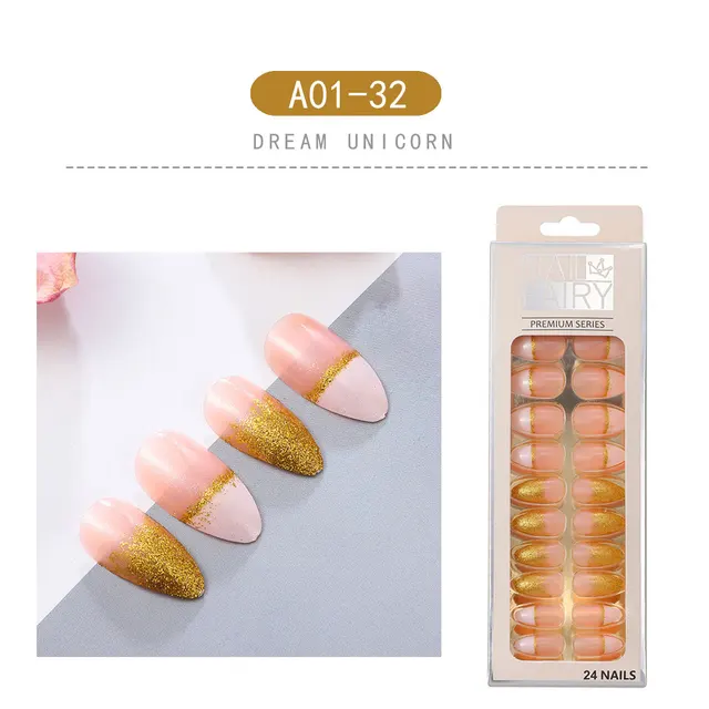 24PCS/box Loose Powder Jump Color Ballet Med-Length Fake Nails Gradient Aurora Marble Press on Full Cover Wearing Wearable Nails NO.6