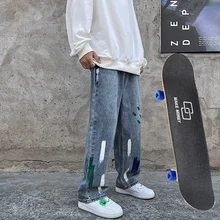 Pantalones vaqueros de personajes de grafiti para mujer, jeans sueltos de pierna, jeans de Hip hop para monopatín, jeans de calle y2k, jeans holgados