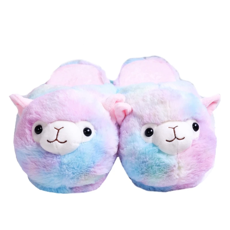 Stuffed Animal Alpaca Slippers | Cute Rainbow Llama Plush Slippers | Alpaca Plush Home Shoes | Fluffy Girls Slippers