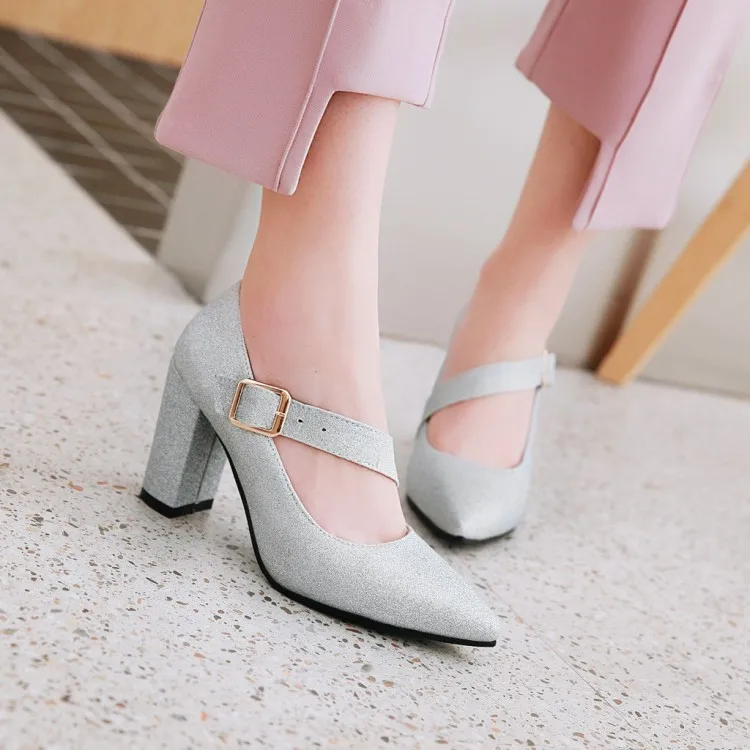 

2020 Spring New Style Shallow Mouth Single Shoes Women's Semi-high Heeled Pointed Sequins Fabric-Style Chunky-Heel Ol Career WOM