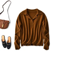 

SHUCHAN Button Up Collar Wool Womens Sweaters Solid Full Sleeve Autumn Winter Loose-fitting Pullover Warm Brown Sweater