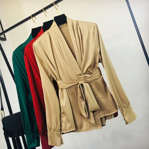 Temperament Blouse Women Spring Autumn New V-collar Shirt Long Sleeve Bow Belt Elegant Shirt Office Ladies Tops Blusa Red Green - Цвет: Хаки