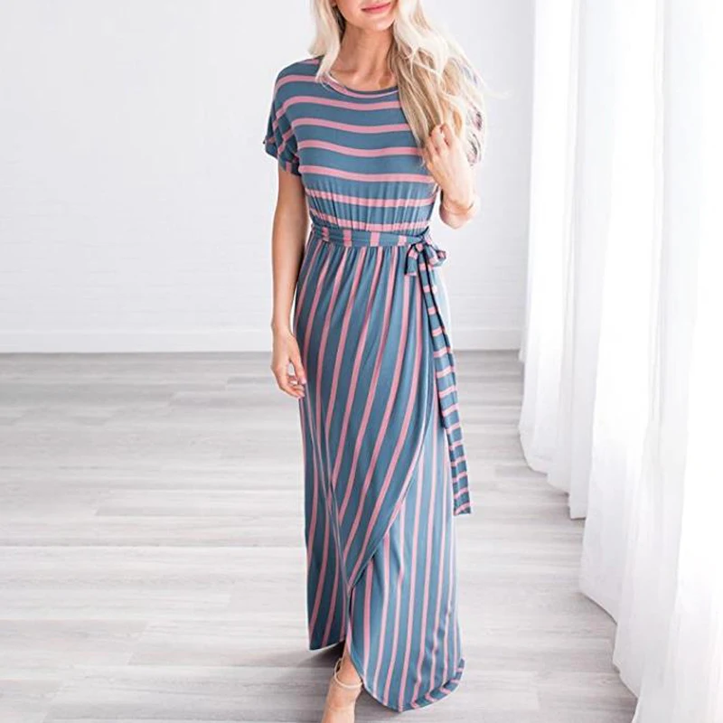 Женское платье женские вечерние летние полосатые Повседневное, модное платье с круглым вырезом для шеи, Открытое платье без рукавов Элегантные Очаровательные женские пояса-шарфы Платье