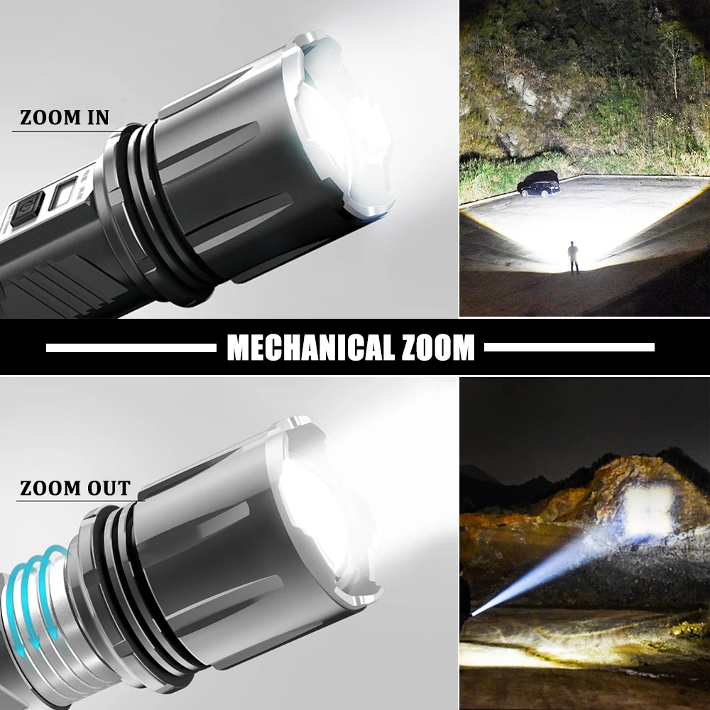 Super Bright LED Flashlight with MTG2 Powerful Lamp Bead Tactical Torch USB Input&Output Function Waterproof Zoom Hunting Light