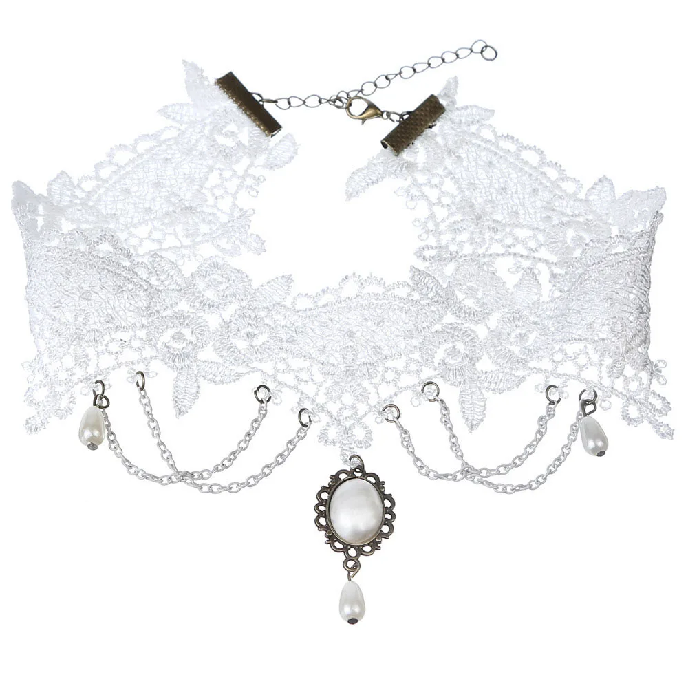 Lace Choker Necklaces Fashion Gothic White Crystal Lace Choker Necklace For Women Fashion Victoria Vintage Clavicle Chain Collar Statement Jewelry