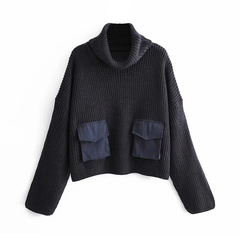 Women vintage turtleneck collar pockets patch sweater ladies basic casual loose knitted pullovers autumn chic tops