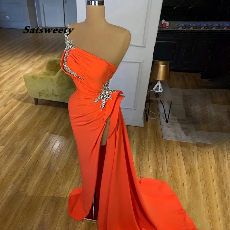 

Orange High Split Mermaid Evening Dresses Gowns One Shoulder Elegant Sexy For Women Party Prom Gowns