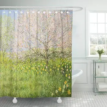 

Fabric Decorative Shower Curtain Curtains Set with Hooks Springtime Natural Landscape with Blooming Trees Colorful Meadow Full
