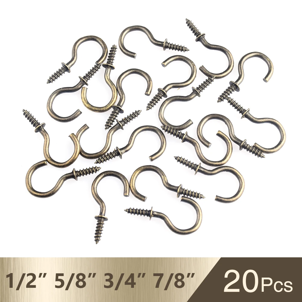 20pcs/set 1/2" 5/8" 3/4" 7/8" Inches Heavy Screw High Quality Cup Hook Brass Plated Wall Hanging