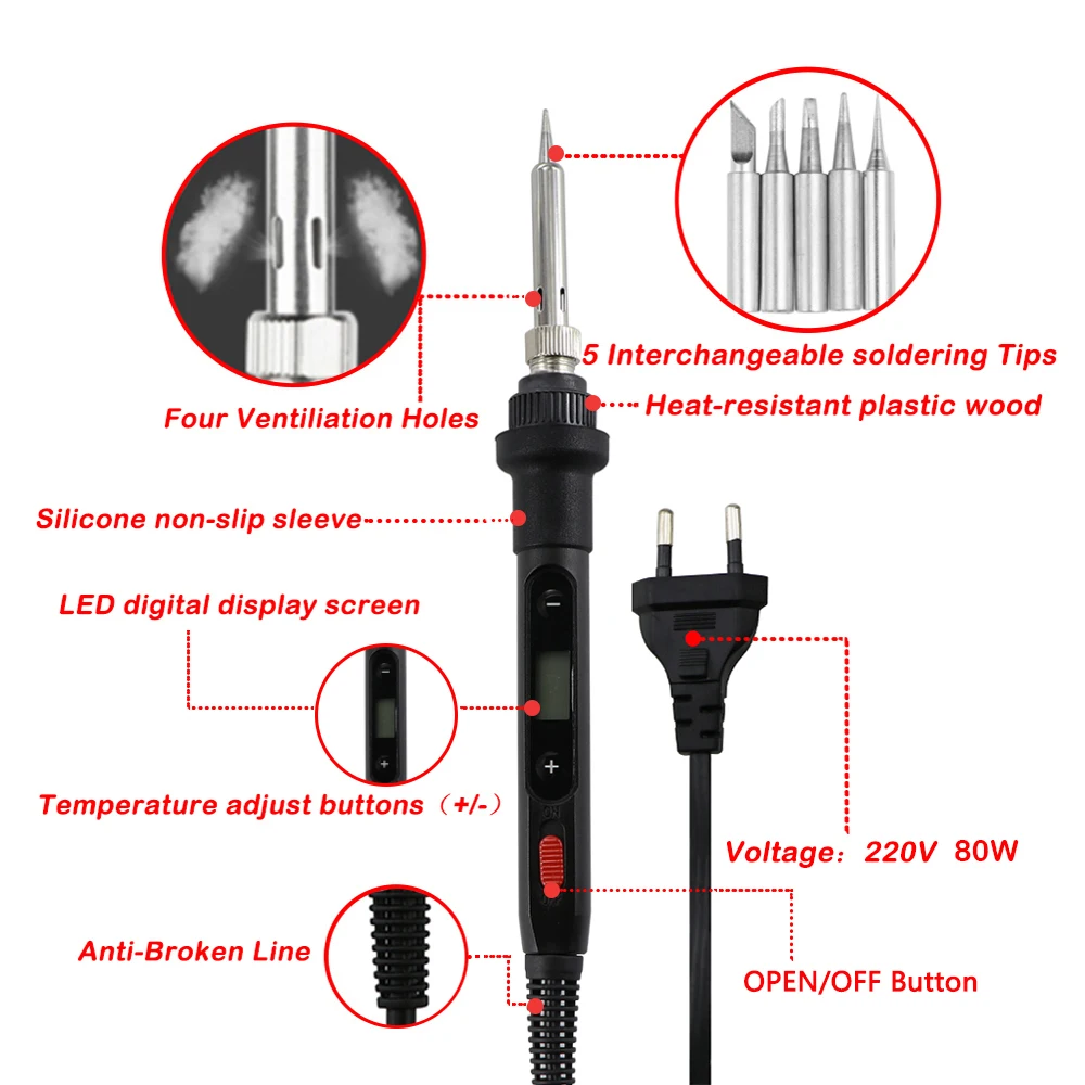 hot stapler plastic welder AdjustableTemperature With Switch Electric Soldering Iron 80W Digital Display 220V Welding Tool Desoldering Pump Repair Tools soldering irons & stations