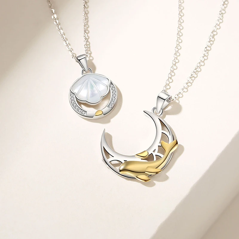 

1 Pair Shell Couple Necklace Sterling Silver Lifetime Men Women Clavicle Chain Matching Pendant Valentine's Day Gift Girlfriend