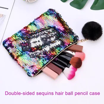 

Double-sided Sequin Pencil Case with Hair Ball Pen Collecting Stationery Storage Bag LFX-ING