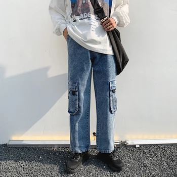 

Autumn Men's Cargo Pocket Casual Pants Baggy Homme Wash Jeans Trousers More Pocket High-quality Blue Color Wide Leg Pants S-XL