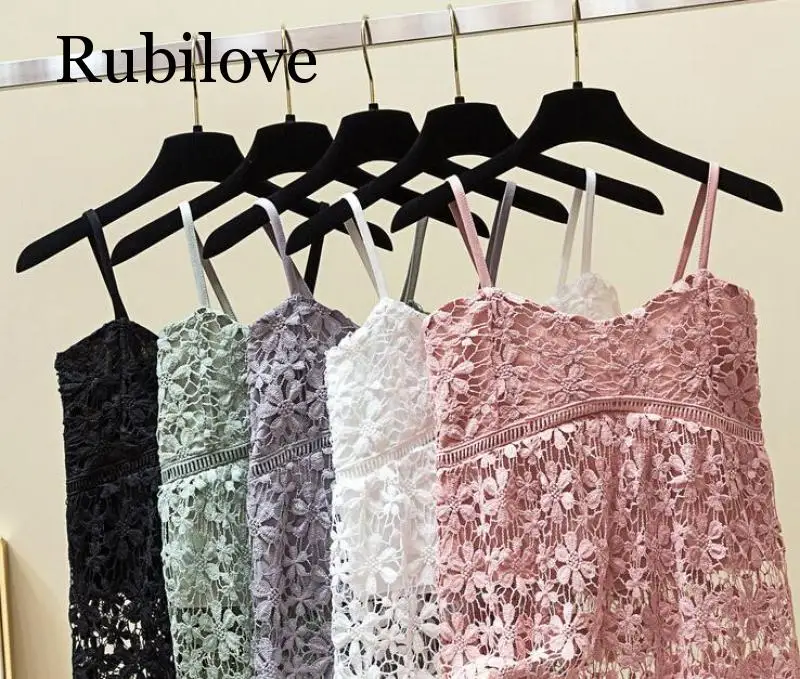 Rubilove Women Spaghetti Strap Tank Top Summer Sexy Slim Floral Lace Vest Hollow Out Elegant Tops Ladies Sleeveless Short Shirts