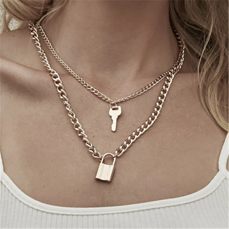 

Fashion Key Padlock Pendant Necklace for Women Gold/Silver Lock Necklace Layered Chain on the Neck With Lock Punk Jewelry
