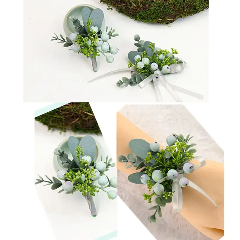 Handmade Realistic Berry Green Pants Boutonniere Corsage Wristlet for Men Women Groom Bride Wedding Prom Party Suit Decoration