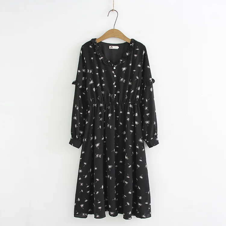 

Plus size Floral chiffon dresses for women fashion & Casual autumn winter Loose V-neck one-piece dress lady S41-961