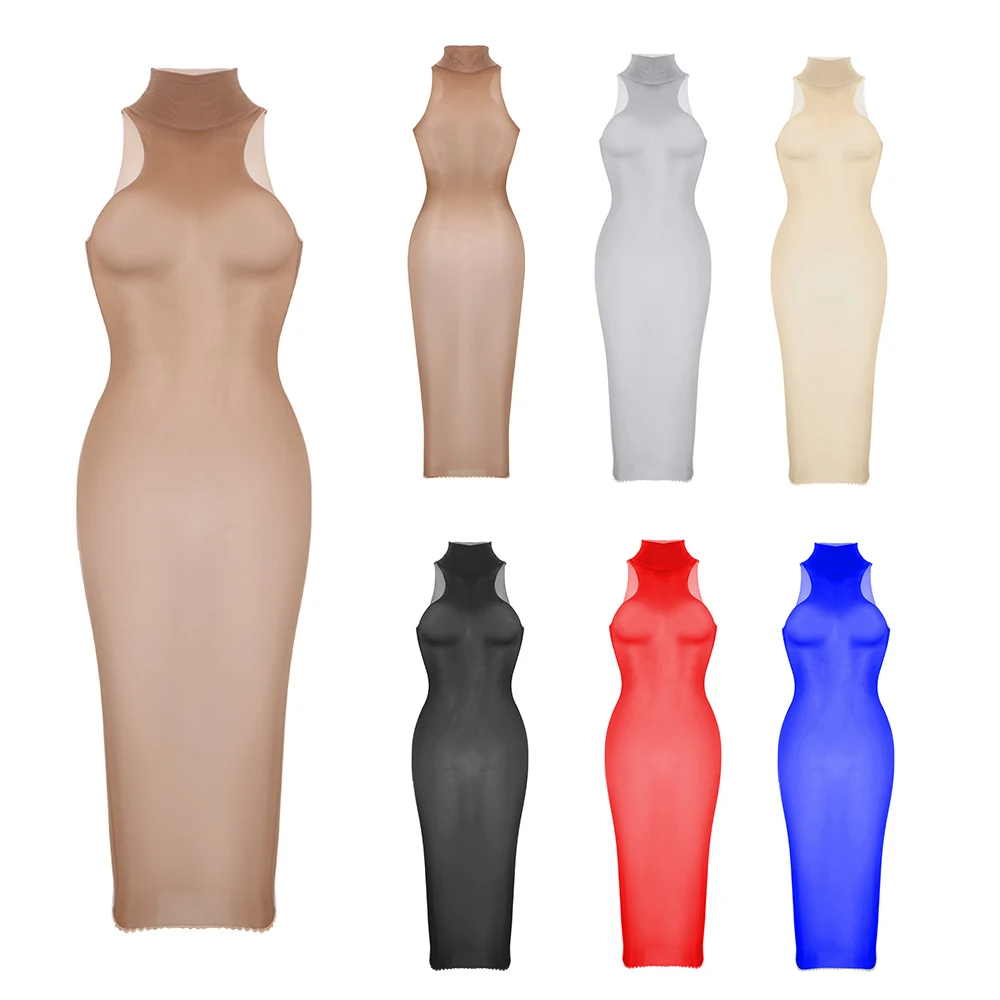 

Womens Sexy Dresses Ultra-thin Silky See Through Sheer Dress Ladies Bodycon Sleeveless Midi Bodycon Stocking Dress