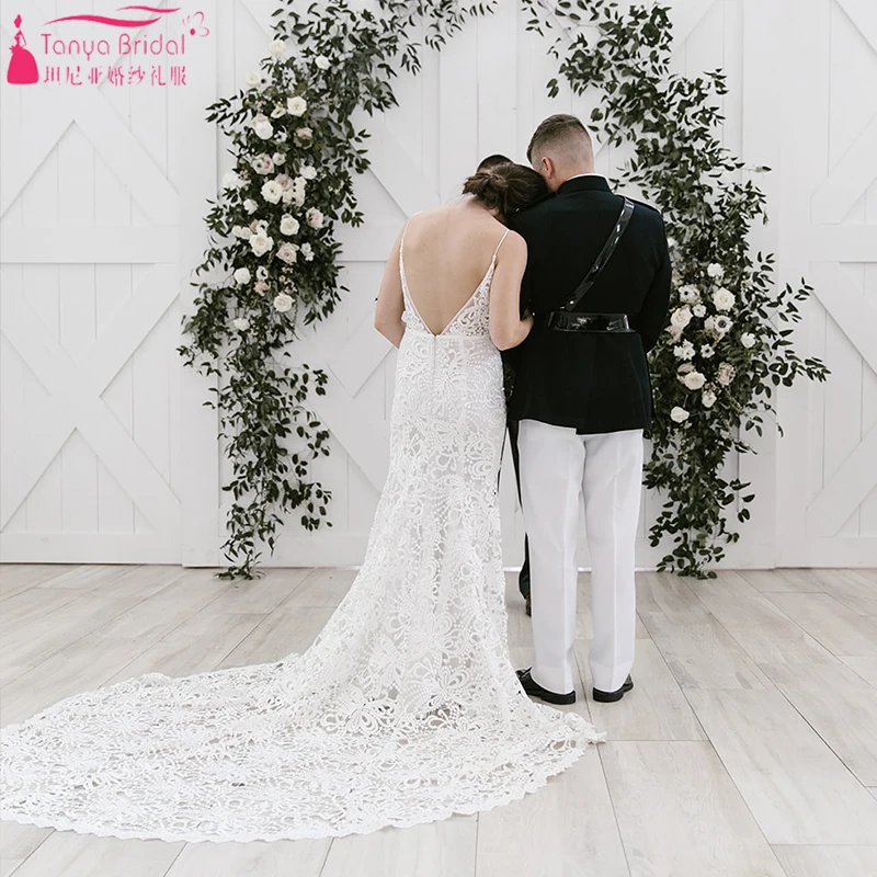 Roamtic Lace Wedding Dresses Mermaid V-Neck Sexy Backless Bridal Gowns Nude lining Vestido de noivas ZW237