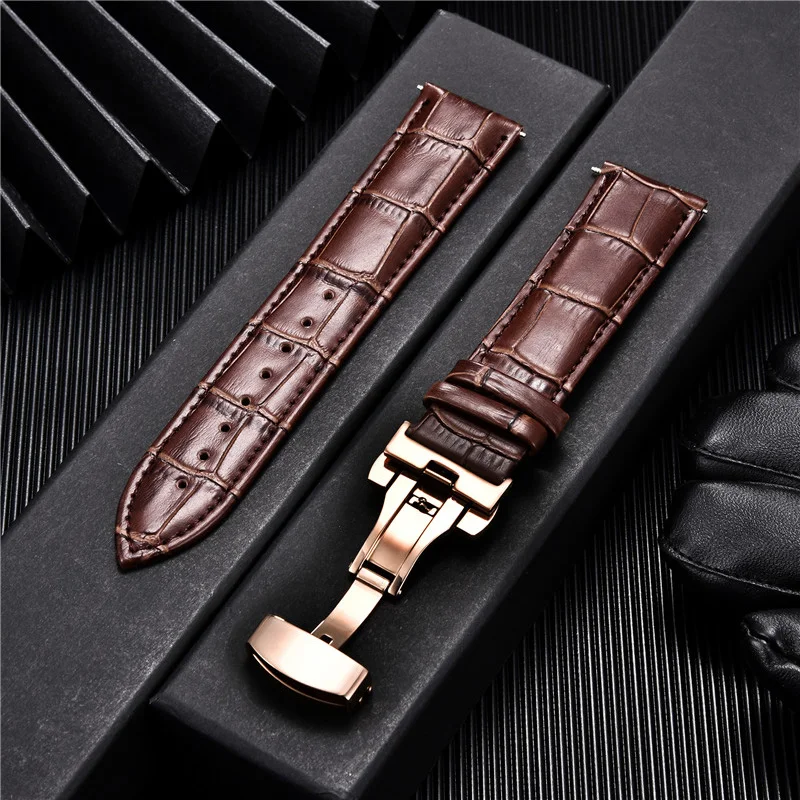 Premium Genuine Leather Watchband with Butterfly Buckle - Elegant Men's Strap Accessory