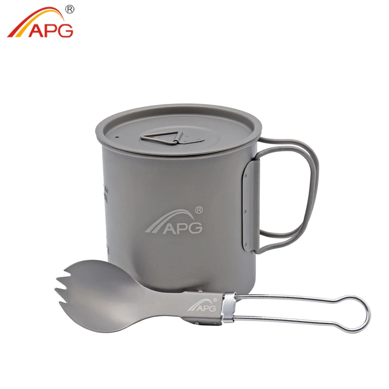 APG, титановая чашка для кемпинга, пикника, кружка для воды, складная ручка, кофейная чайная чашка с крышкой и титановая вилка, ложка