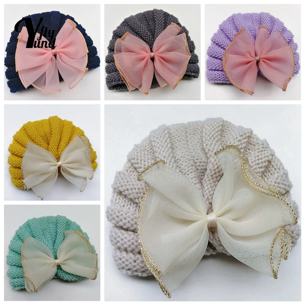 

Yundfly Toddler Cute Handmade Net Yarn Bowknot Hats Autumn and Winter Fashion Warm Knitting Wool Striped Caps Photography Props