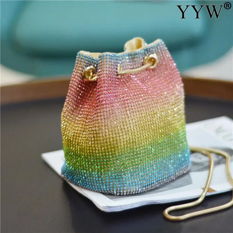 Fashion Women Bucket Shoulder Bag With Rhinestone Crossbody Bag Evening Bag Rainbow Ladies Party Purse Female Clutches Bolsos