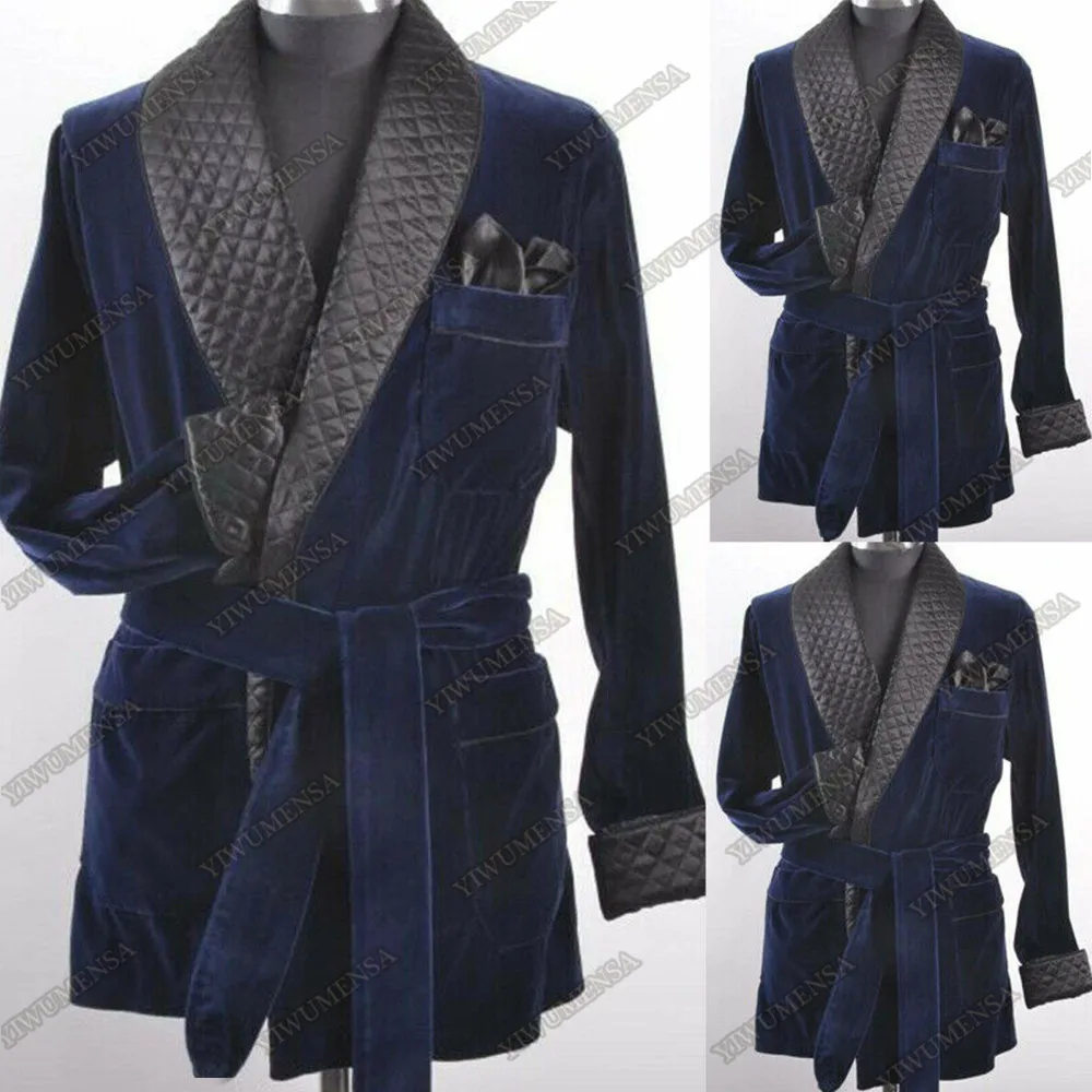 Navy Blue Velet Blazer Masculino Plus Size Suit Jackets With Belt Daily Smoking Man Coat Regular Men's Blazer 1Pc